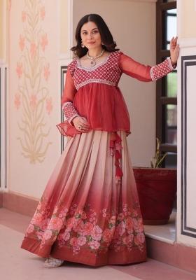 Orange Embroidered Silk Lehenga Set