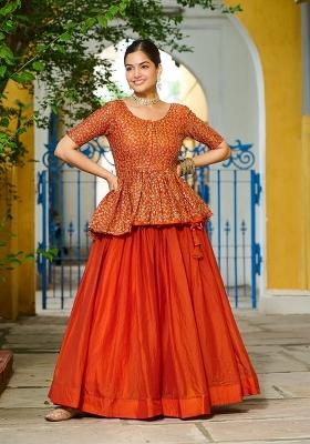 Orange Embroidered Silk Lehenga Set