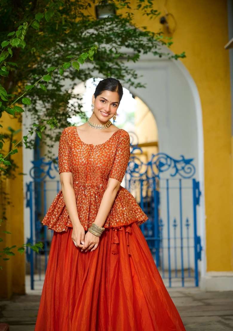 Orange Embroidered Silk Lehenga Set for Diwali and Festive Wear - Indya