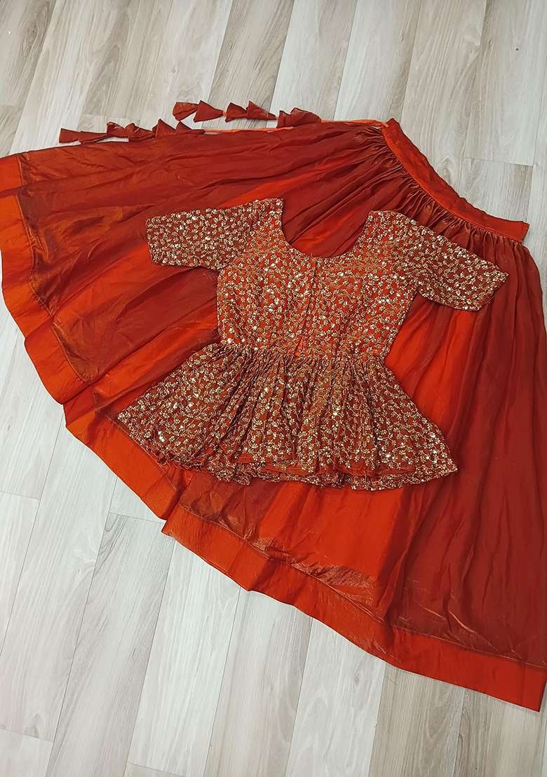 Orange Embroidered Silk Lehenga Set for Diwali and Festive Wear - Indya