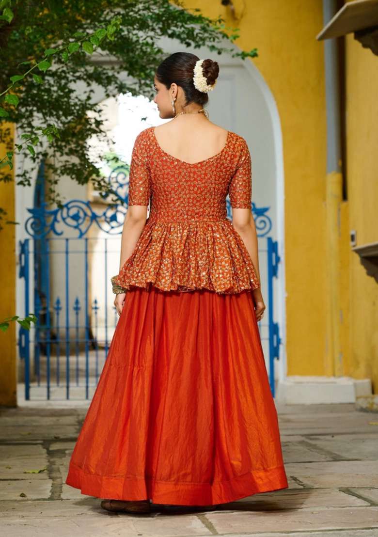 Orange Embroidered Silk Lehenga Set for Diwali and Festive Wear - Indya