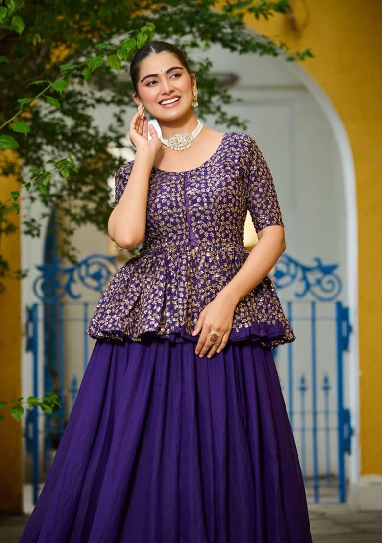 Violet Embroidered Silk Lehenga Set - Indya