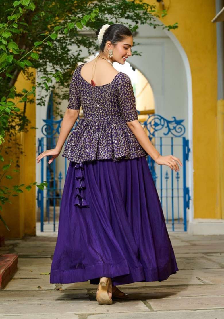 Violet Embroidered Silk Lehenga Set - Indya