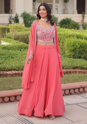 Peach Embroidered Georgette Lehenga Set