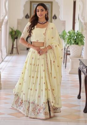 Off White Embroidered Silk Lehenga Set