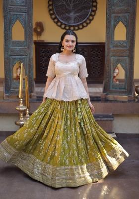 Green Embroidered Viscose Lehenga Set