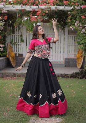 Black Mirror Work Silk Navratri Lehenga Set