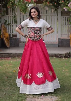Rani Pink Mirror Work Silk Navratri Lehenga Set