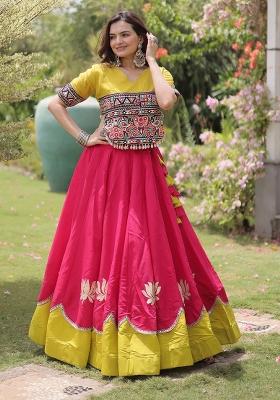 Rani Pink Mirror Work Silk Navratri Lehenga Set