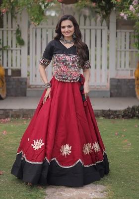 Red Mirror Work Silk Navratri Lehenga Set