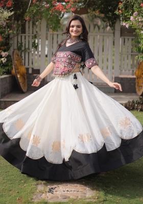 White Mirror Work Silk Navratri Lehenga Set
