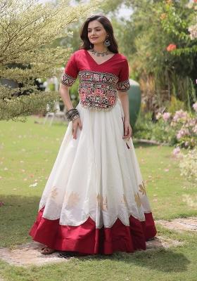 White Mirror Work Silk Navratri Lehenga Set