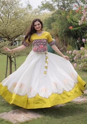 White Mirror Work Silk Navratri Lehenga Set