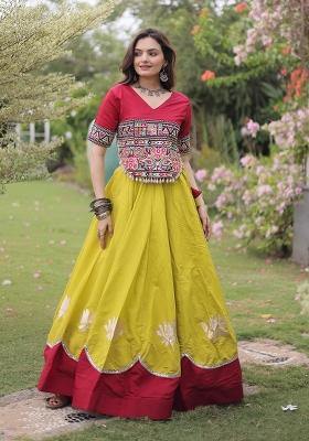 Yellow Mirror Work Silk Navratri Lehenga Set
