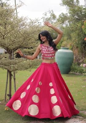Rani Pink Mirror Work Silk Navratri Lehenga Set