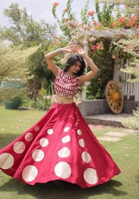 Red Mirror Work Silk Navratri Lehenga Set