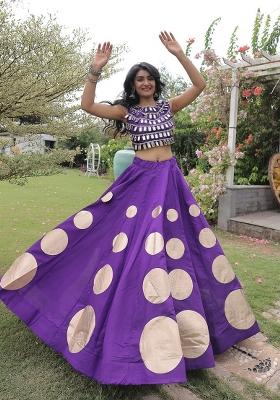 Violet Mirror Work Silk Navratri Lehenga Set