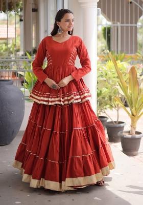 Orange Lace Work Cotton Navratri Lehenga Set