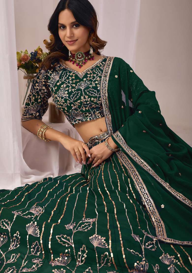 Dark Green Embroidered Georgette Lehenga Set - Indya