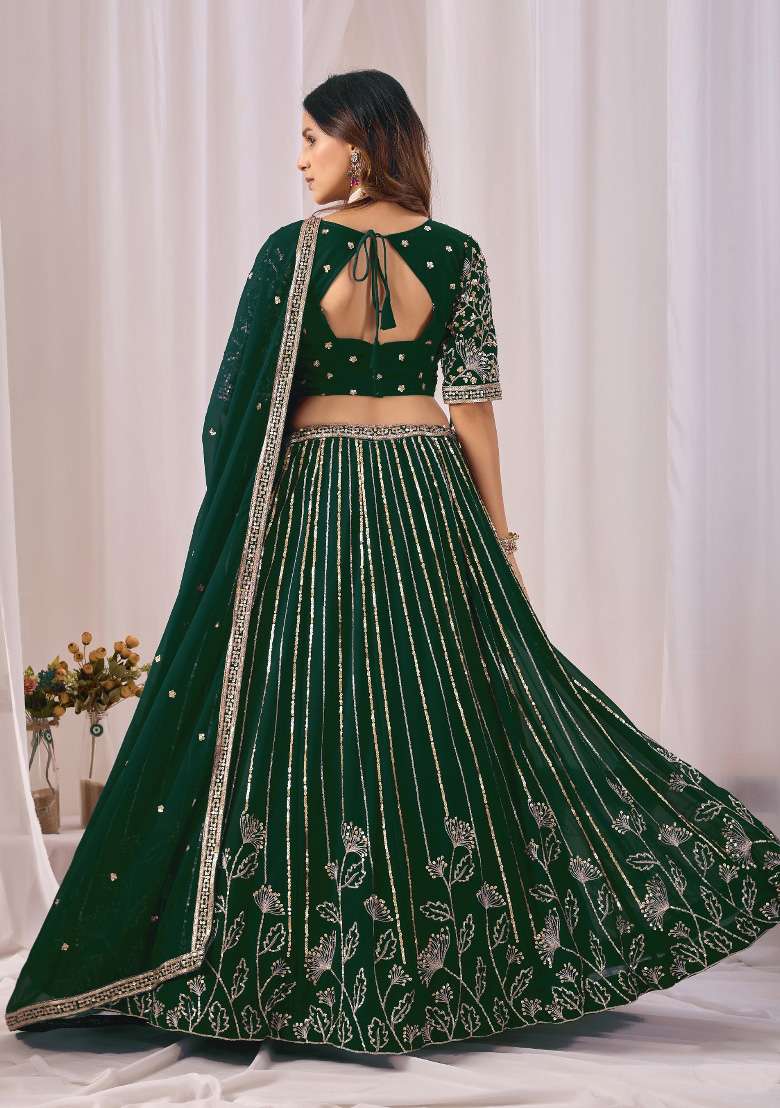 Dark Green Embroidered Georgette Lehenga Set - Indya
