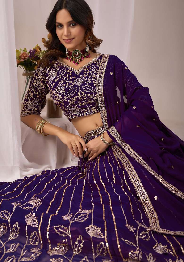 Violet Embroidered Georgette Lehenga Set - Indya