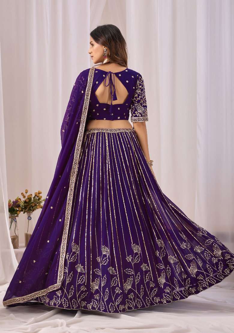 Violet Embroidered Georgette Lehenga Set - Indya