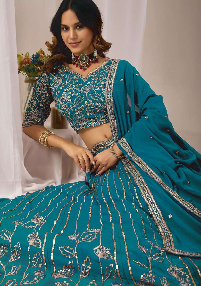 Teal Blue Embroidered Georgette Lehenga Set - Indya