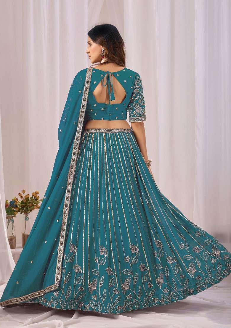 Teal Blue Embroidered Georgette Lehenga Set - Indya