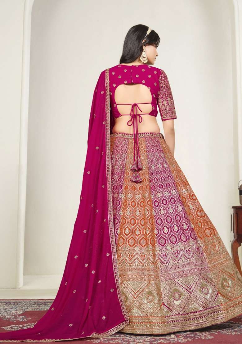 Rani Pink Embroidered Georgette Lehenga Set - Indya