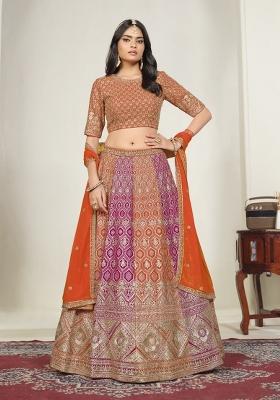Orange Embroidered Georgette Lehenga Set