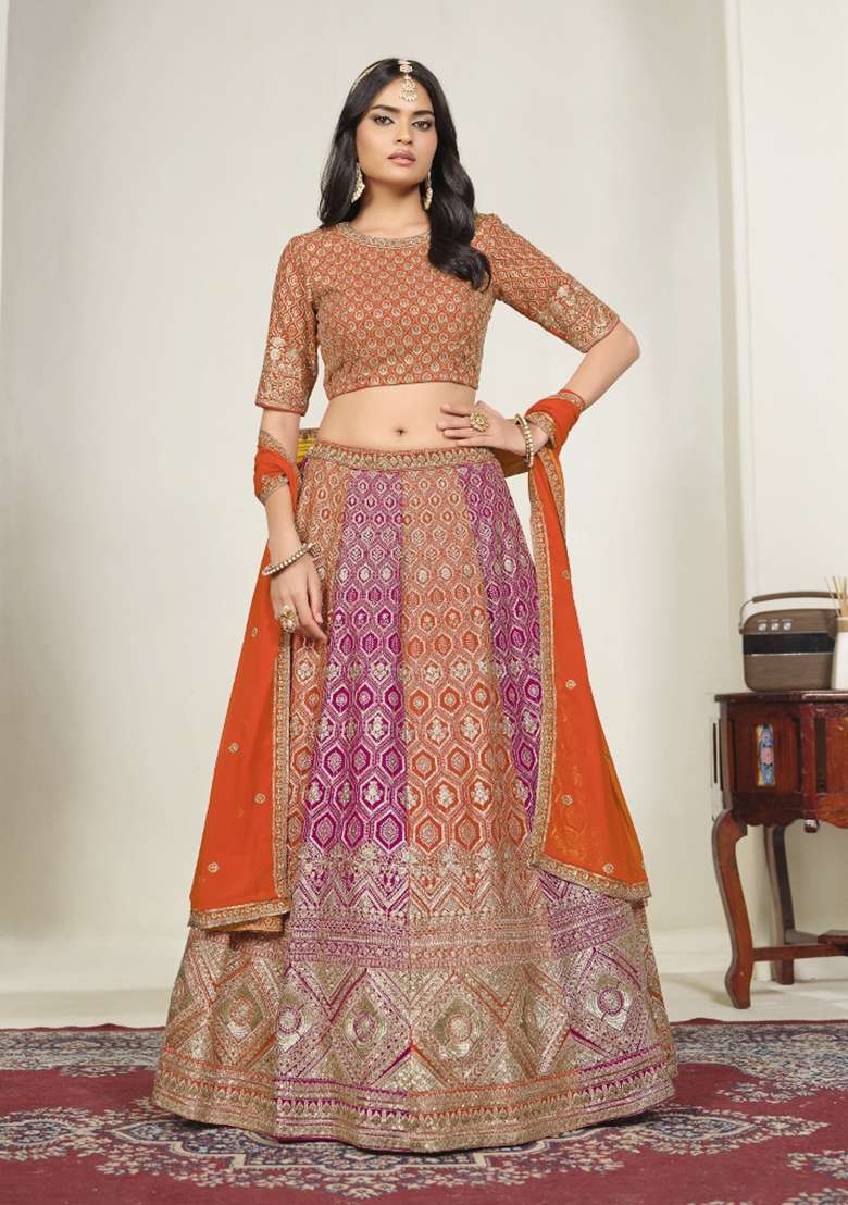 Orange Embroidered Georgette Lehenga Set - Indya