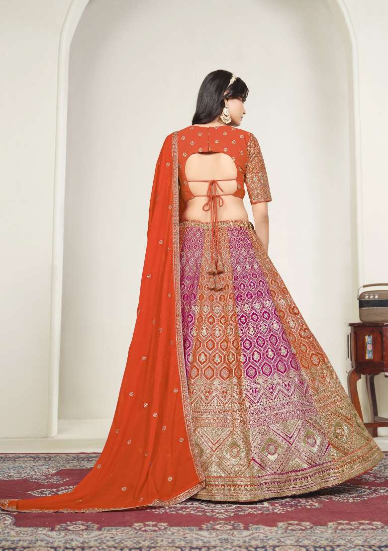 Orange Embroidered Georgette Lehenga Set - Indya