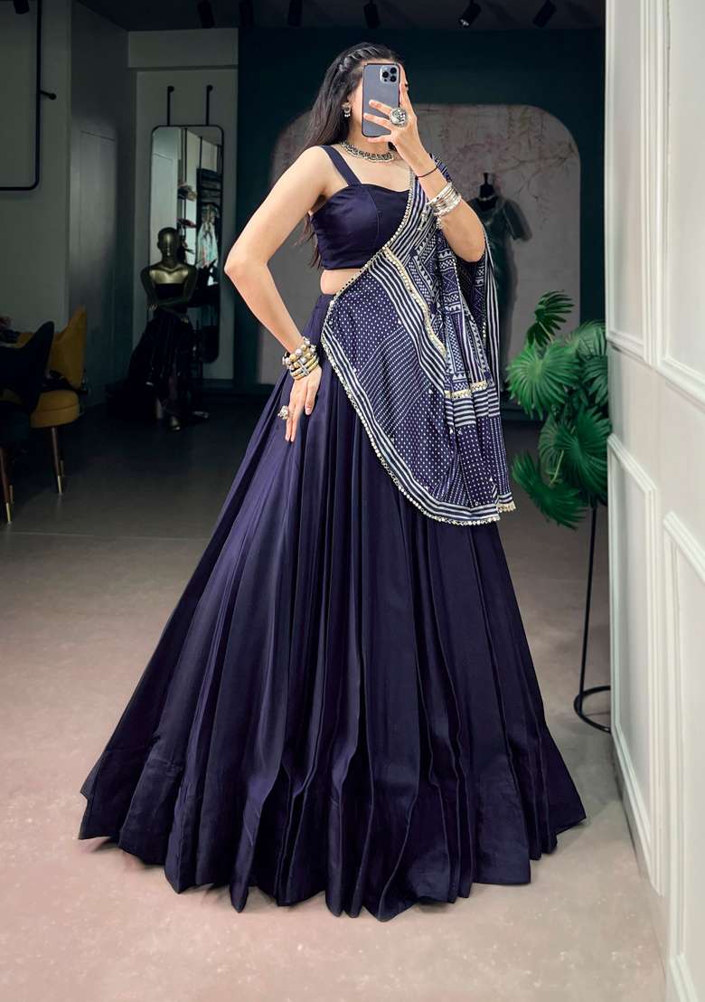 Navy Blue Silk Lehenga Set - Indya