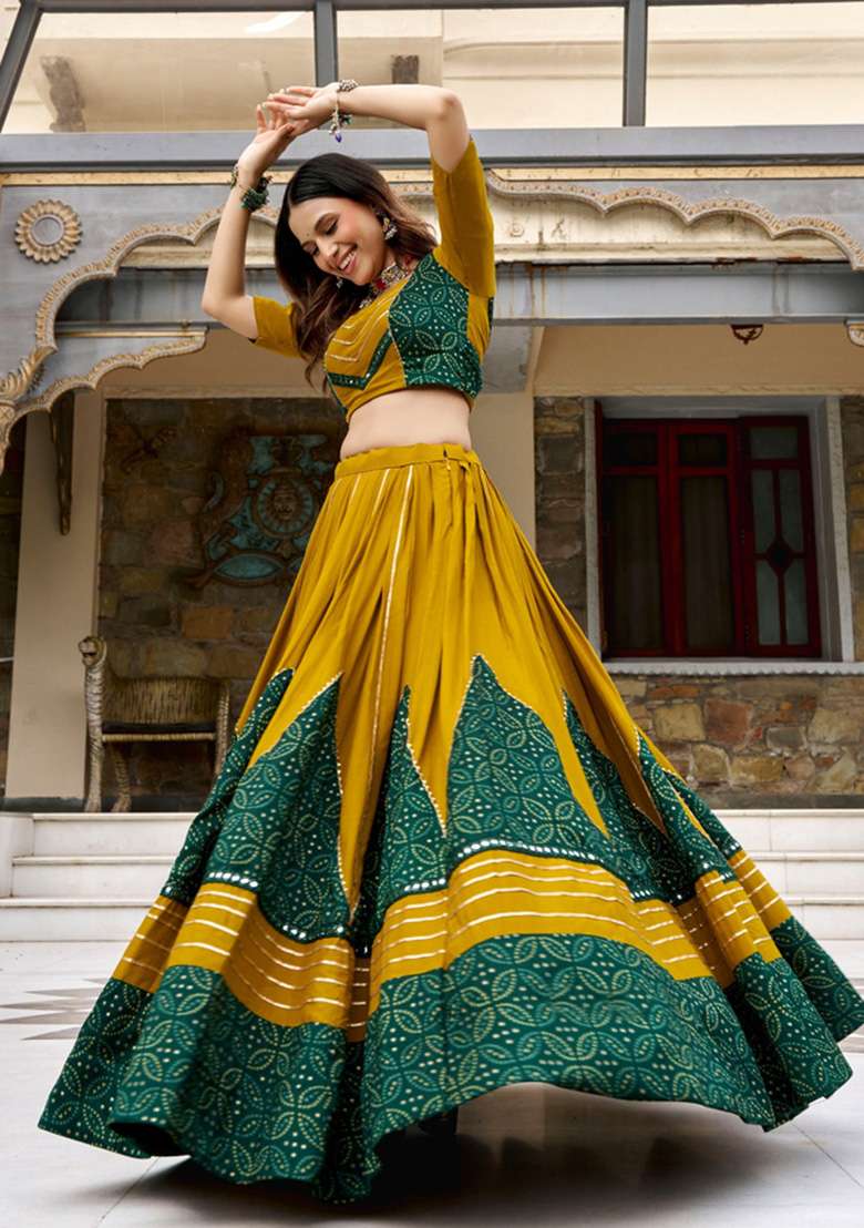 Mustard Mirror Work Rayon Lehenga Set - Indya