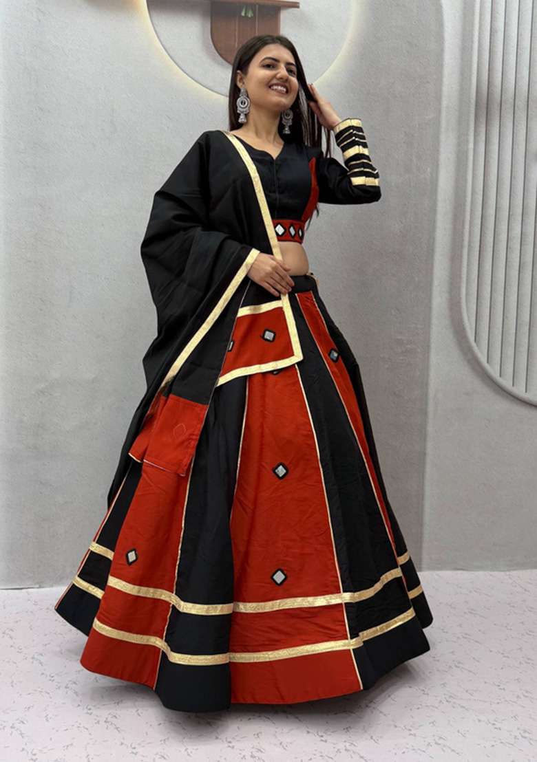 Rust And Black Mirror Work Silk Lehenga Set - Indya