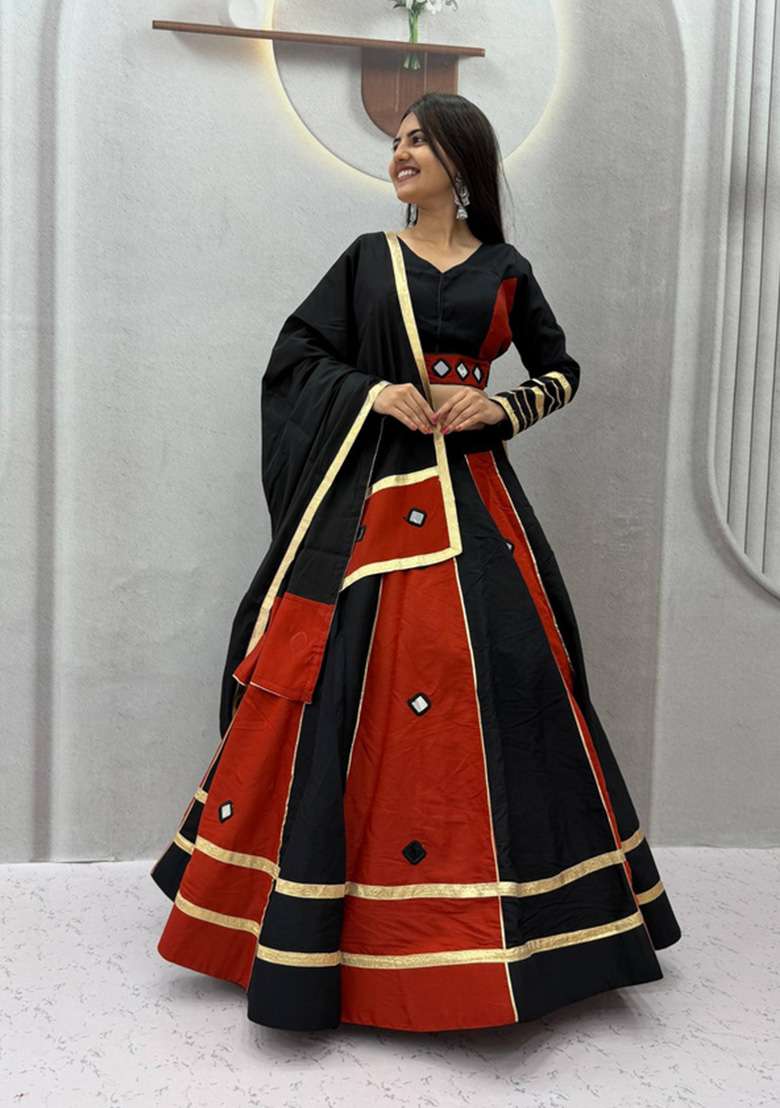 Rust And Black Silk Lehenga Set with Mirror Work for Diwali | Wedding & Festive Wear - Indya