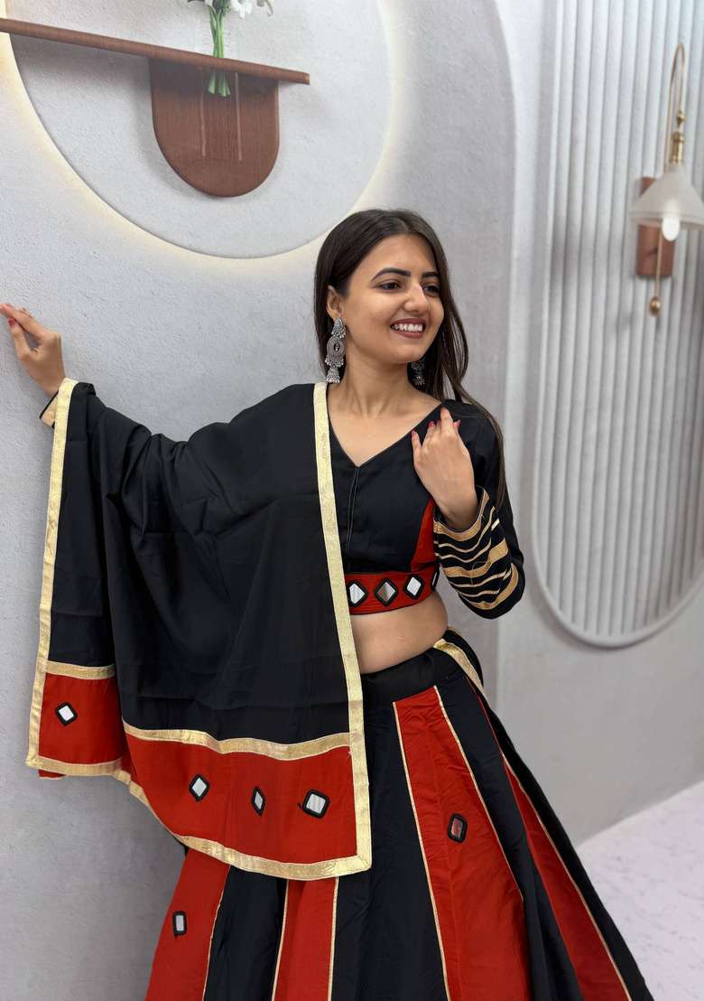 Rust And Black Mirror Work Silk Lehenga Set - Indya