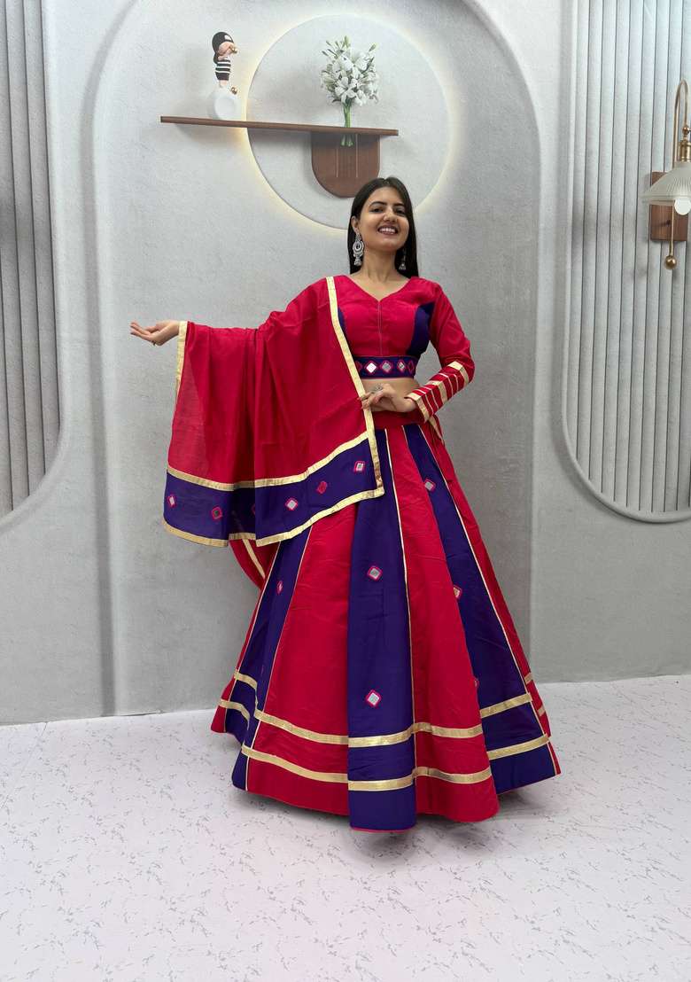 Pink And Blue Mirror Work Silk Lehenga Set for Diwali and Festive Wear - Indya