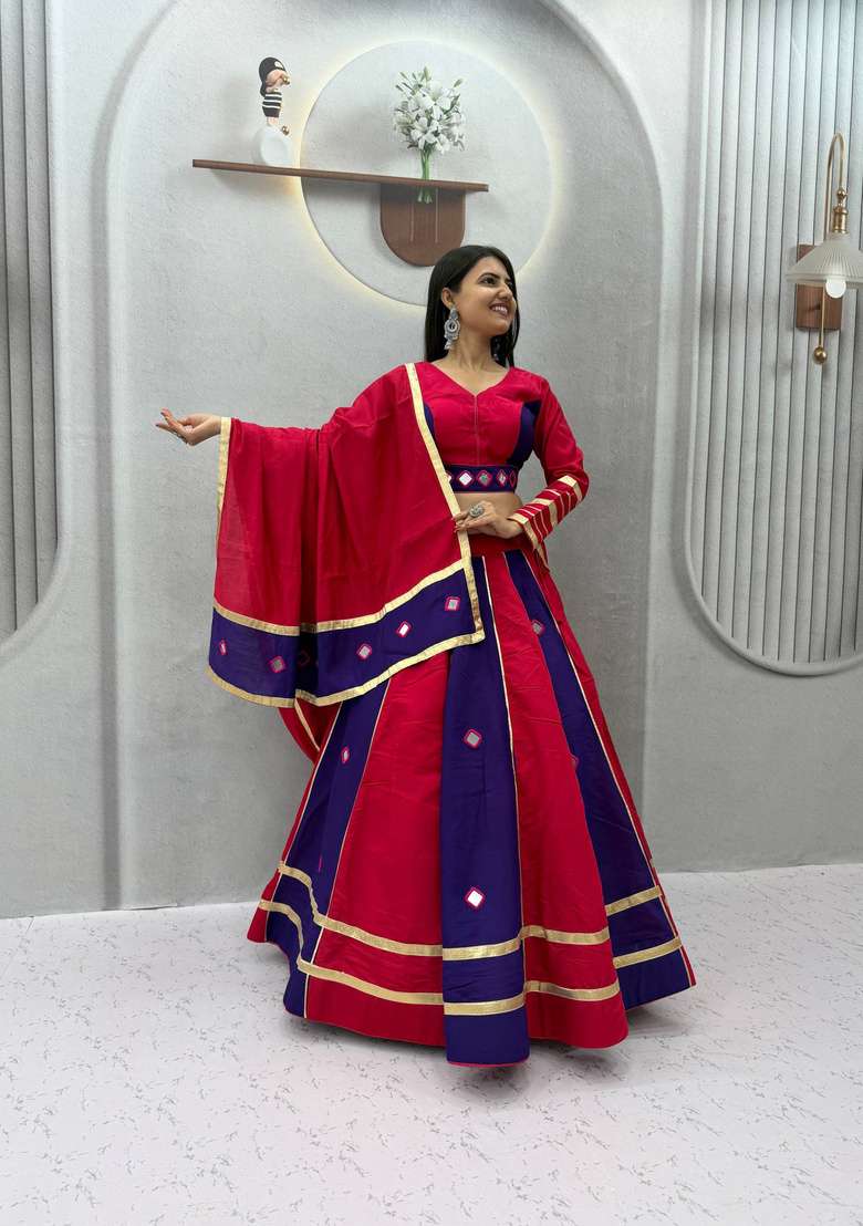 Pink And Blue Mirror Work Silk Lehenga Set - Indya