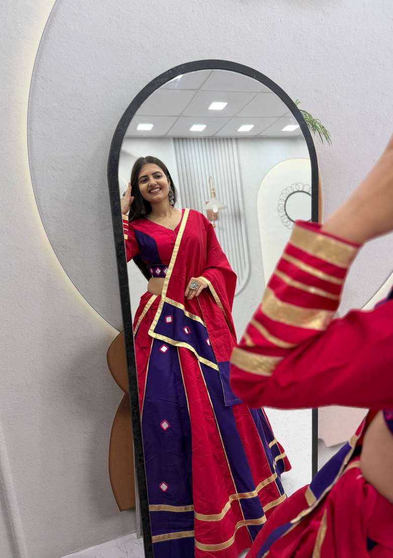 Pink And Blue Mirror Work Silk Lehenga Set for Diwali and Festive Wear - Indya