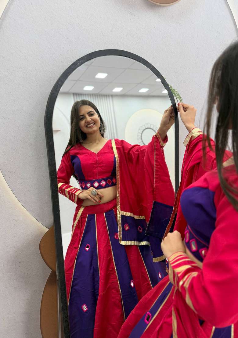 Pink And Blue Mirror Work Silk Lehenga Set - Indya