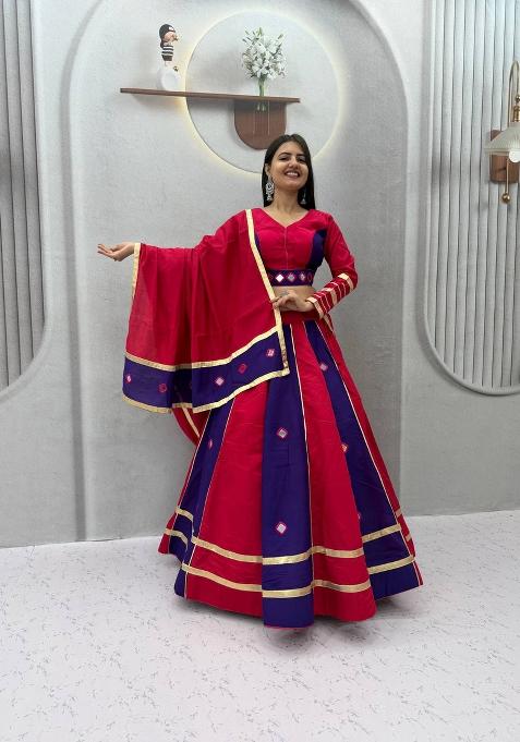 Pink And Blue Mirror Work Silk Lehenga Set for Diwali and Festive Wear