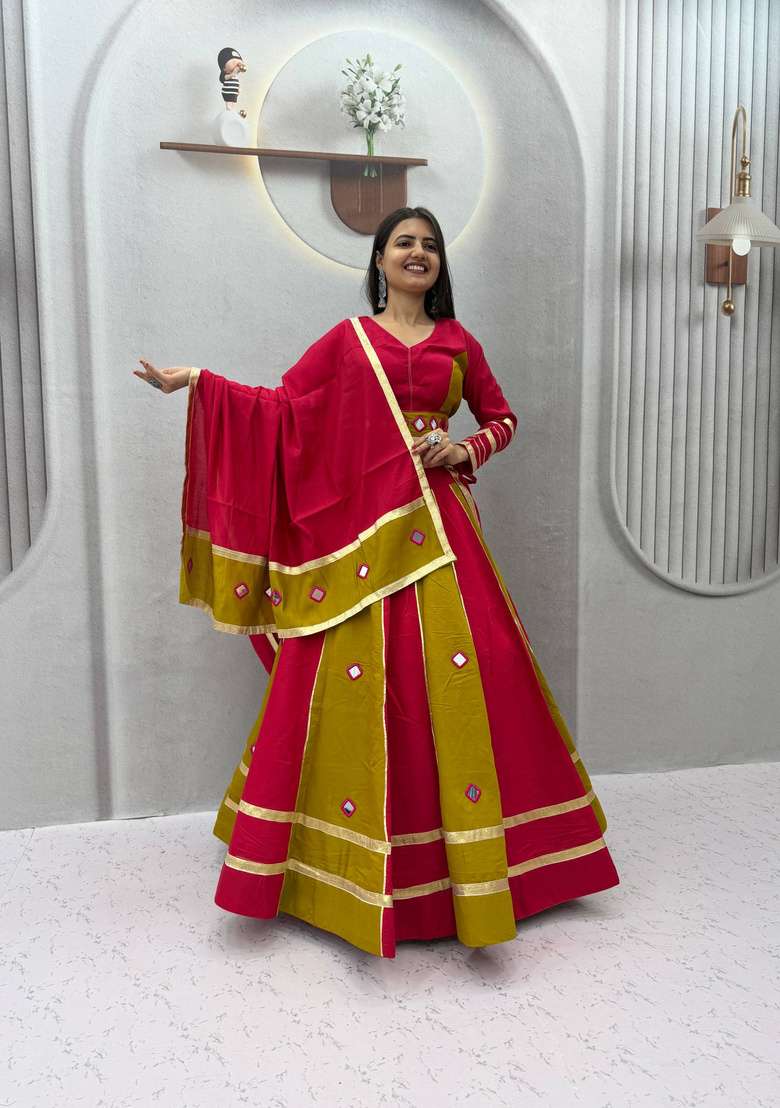 Pink And Mustard Mirror Work Silk Lehenga Set - Indya