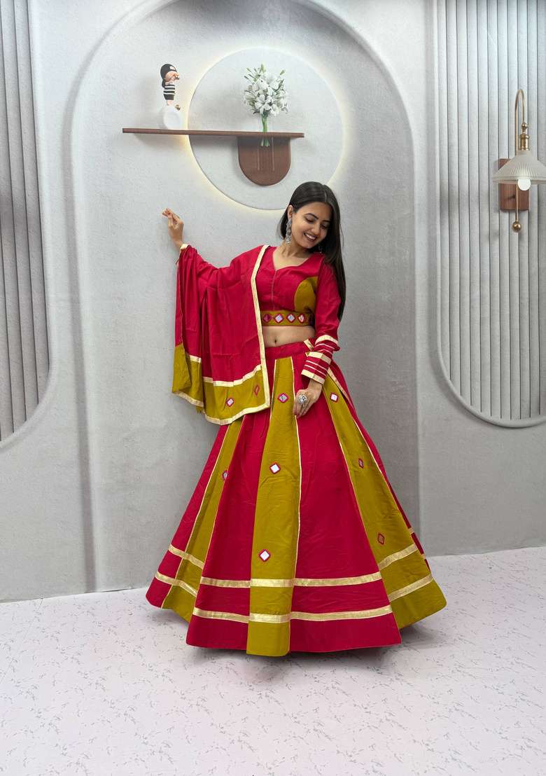 Pink And Mustard Mirror Work Silk Lehenga Set for Diwali and Festive Wear - Indya