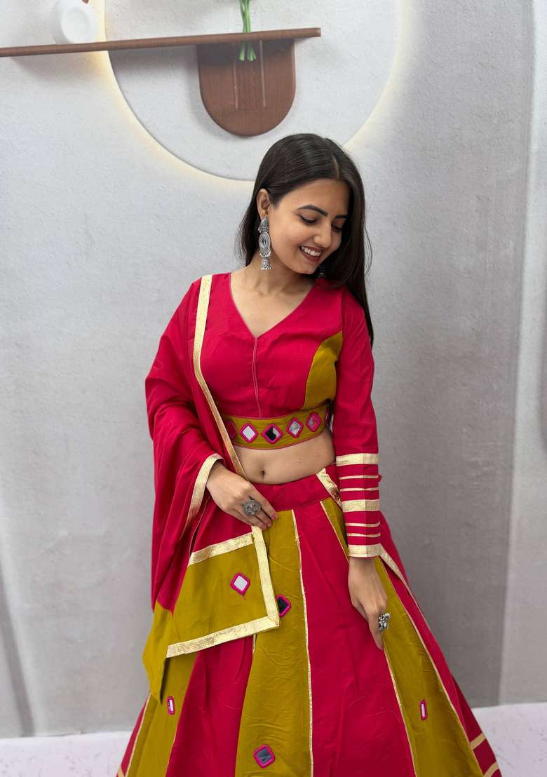 Pink And Mustard Mirror Work Silk Lehenga Set - Indya