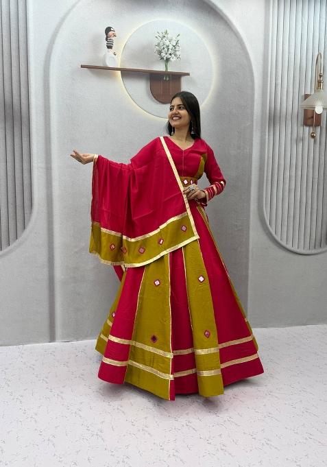 Pink And Mustard Mirror Work Silk Lehenga Set for Diwali and Festive Wear