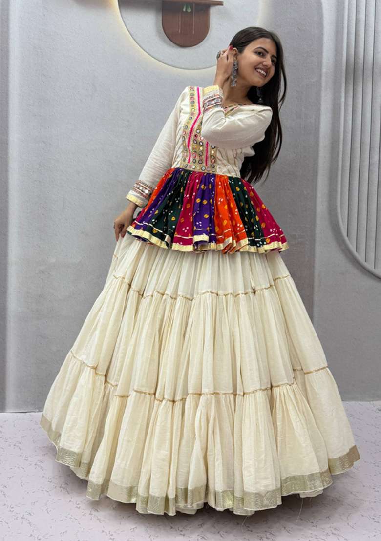 White Mirror Work Cotton Lehenga Set - Indya