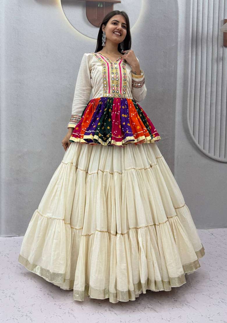 White Mirror Work Cotton Lehenga Set - Indya