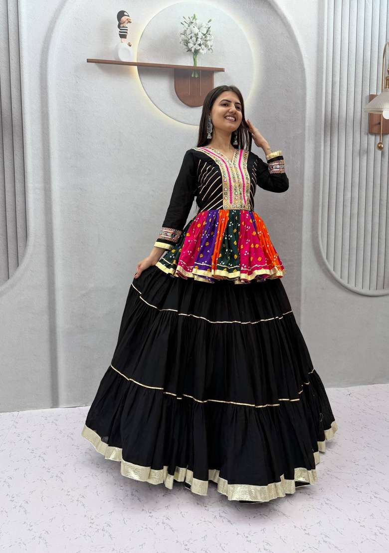 Black Mirror Work Cotton Lehenga Set - Indya