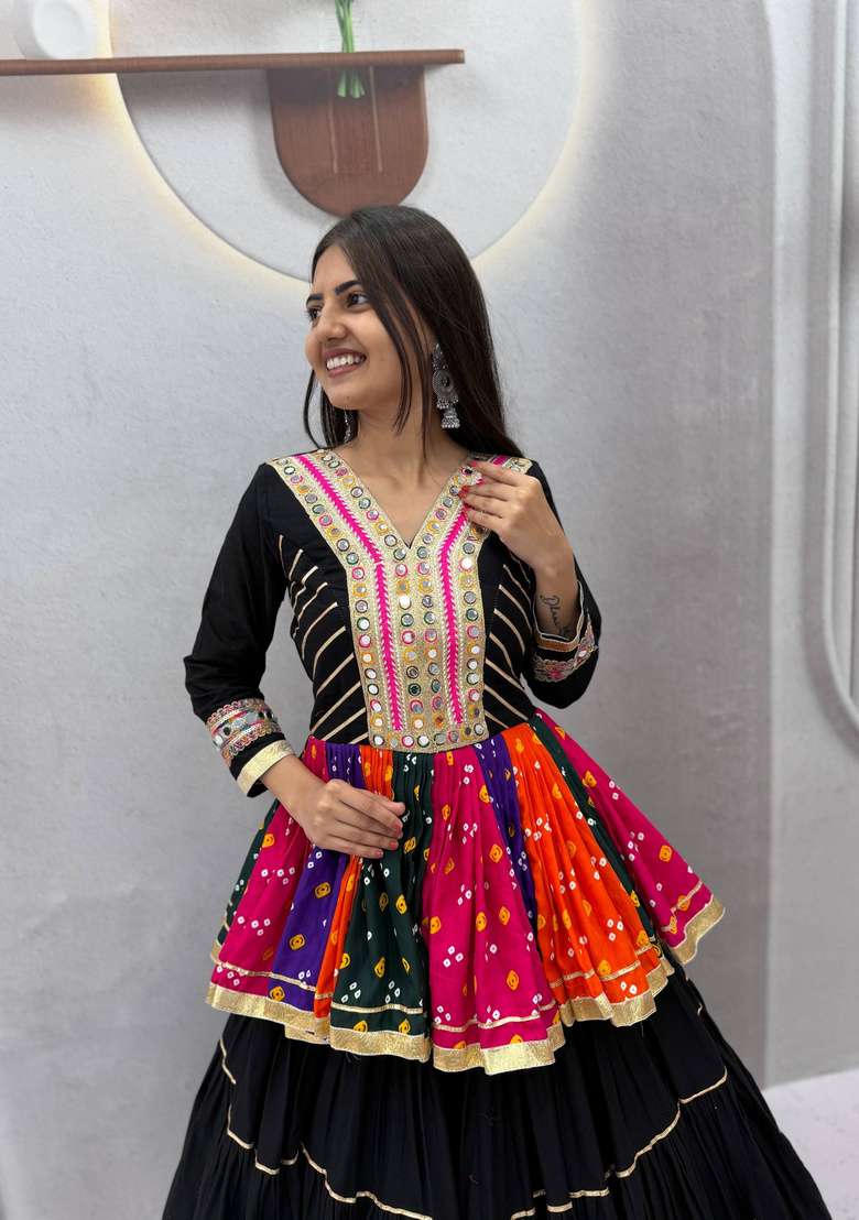 Black Mirror Work Cotton Lehenga Set - Indya